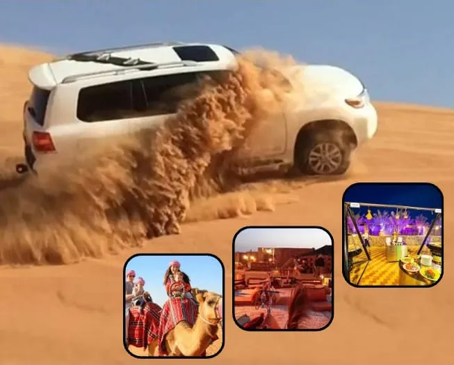 VIP desert camp seating area with dinner setup in Dubai desert